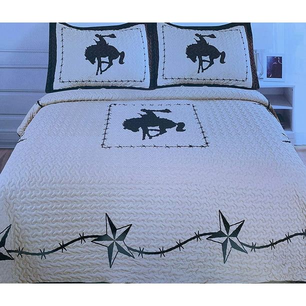 Western Design Collection Sapphire Home 3 Piece King Size Quilt Bedspread Set w/2 Pillow Shams King Western Coffee Beige Wild Horse Country/Horseshoe/Star/Cowboy Design 